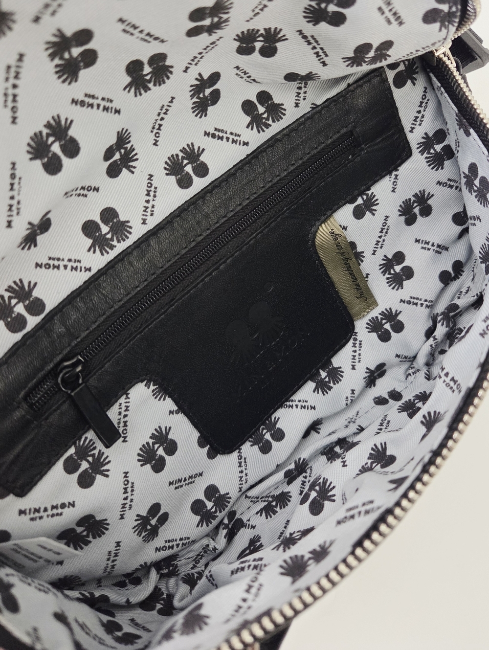 NEW MIN & MON HAROLD FANNY PACK BAG BLACK LEATHER - PIGEONISTA EMBROIDERY - Picture 7 of 9